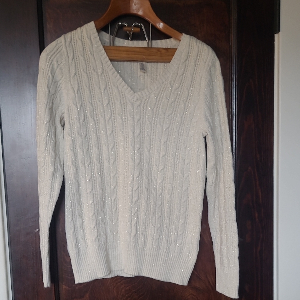 St. John's Bay Cream Cable Knit V-Neck Sweater with Subtle Sparkle